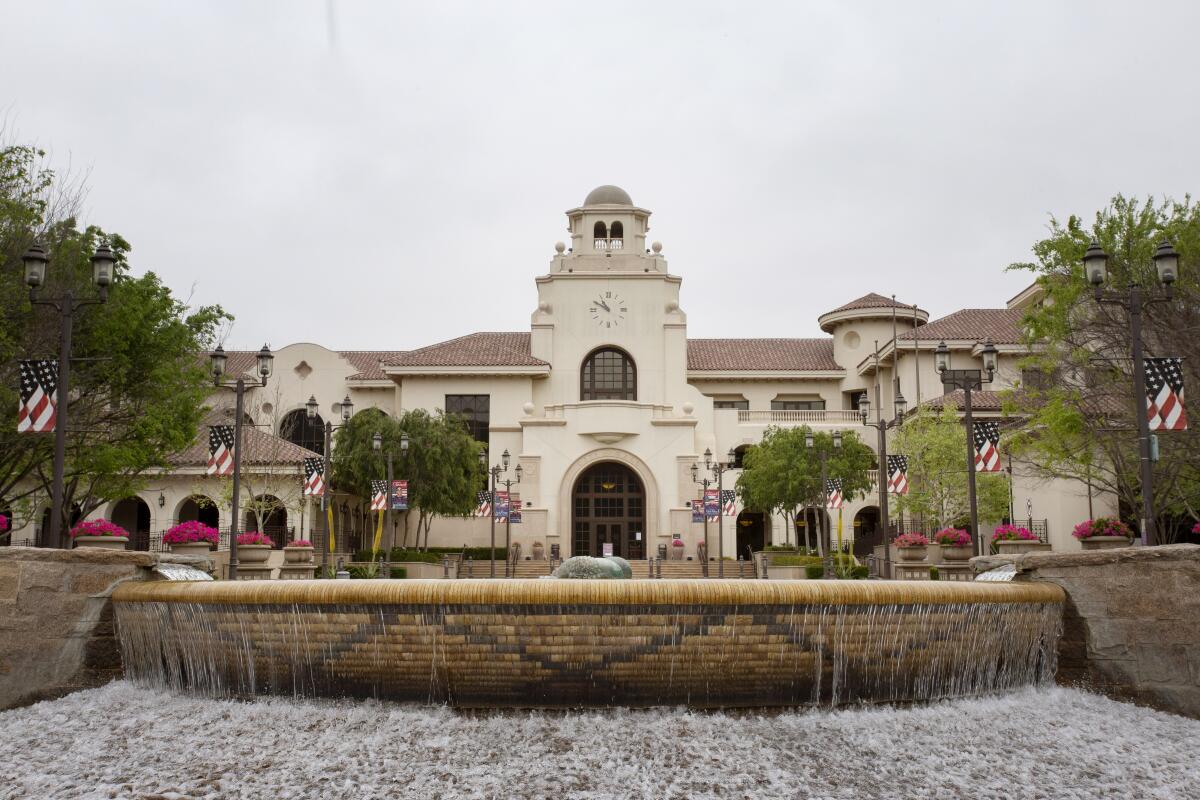 Water cascades down the fountain in front of City Hall in Temecula.