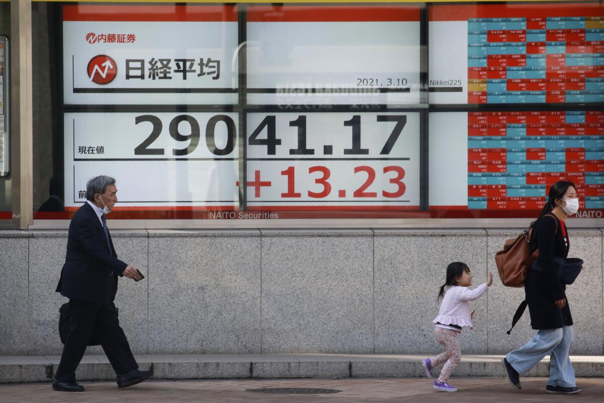 People walk by an electronic stock board of a securities firm in Tokyo, Wednesday, March 10, 2021. Shares are higher in Asia after gains for major tech companies powered a 3.7% surge in the Nasdaq, the largest jump for the index in four months. (AP Photo/Koji Sasahara)