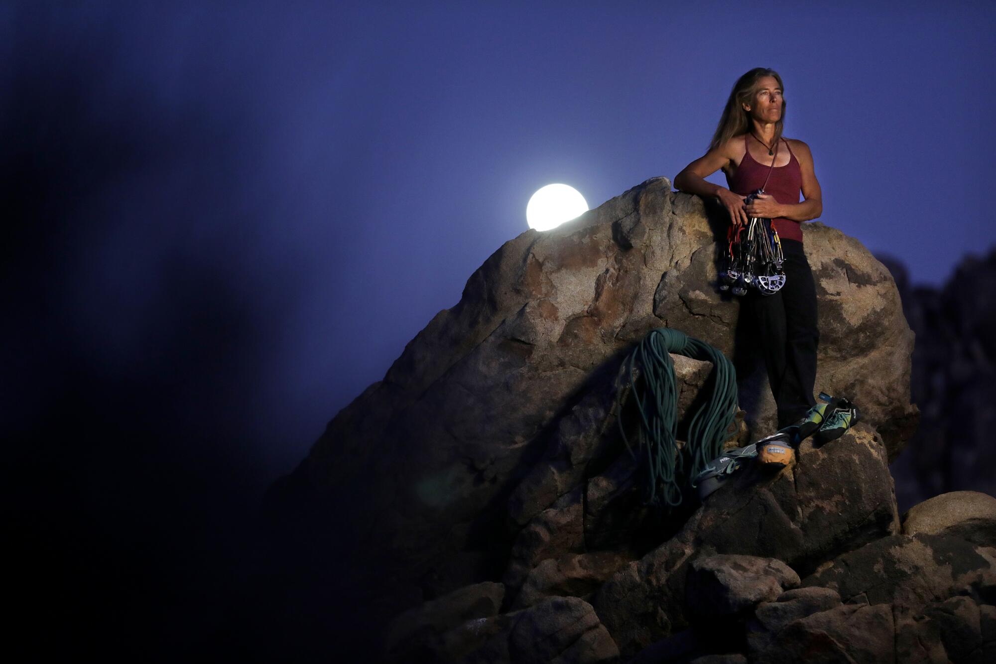 Lynn Hill has long been an advocate for gender equality in sports, seen here photographed in Joshua Tree, Ca.