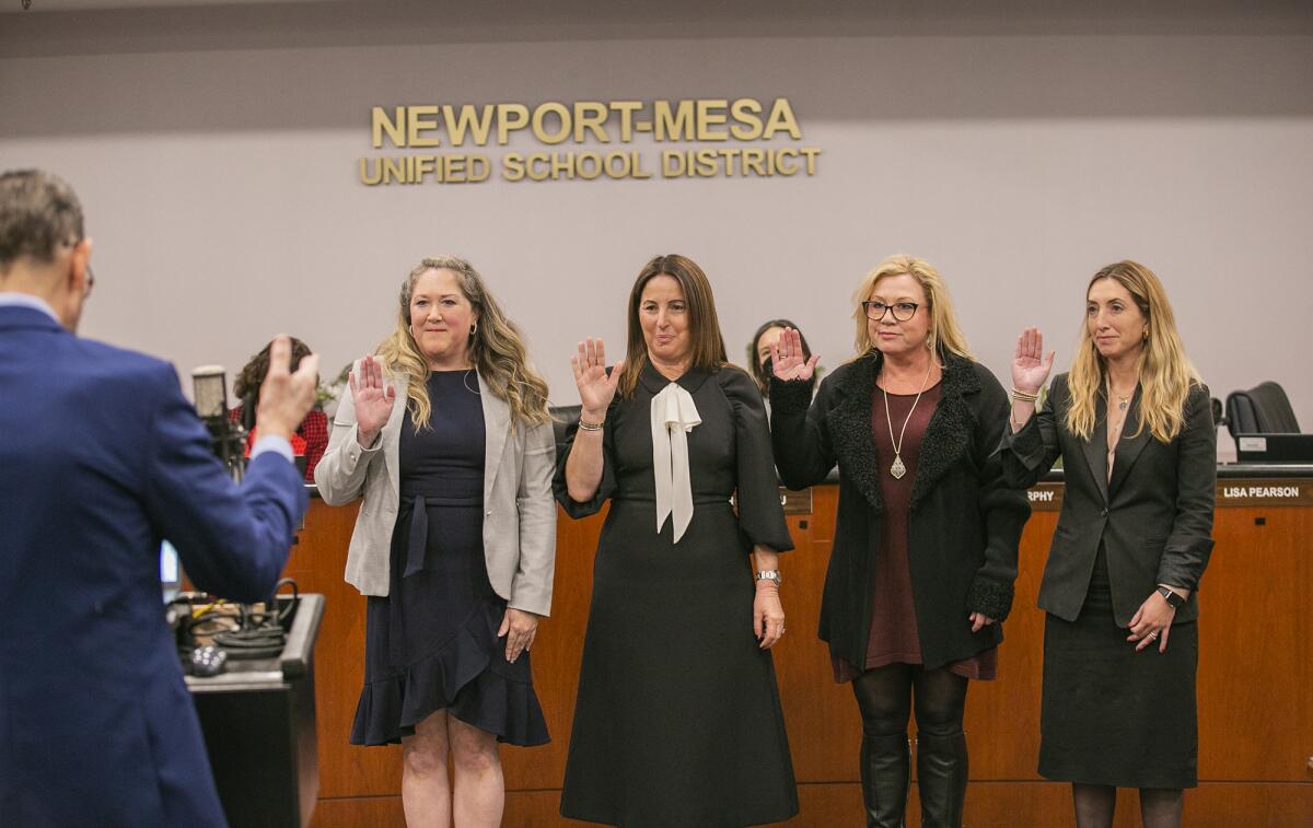 County Supt. Al Mijares swears in Ashley Anderson, left, Lisa Pearson, Michelle Murphy and Michelle Barto on Tuesday.