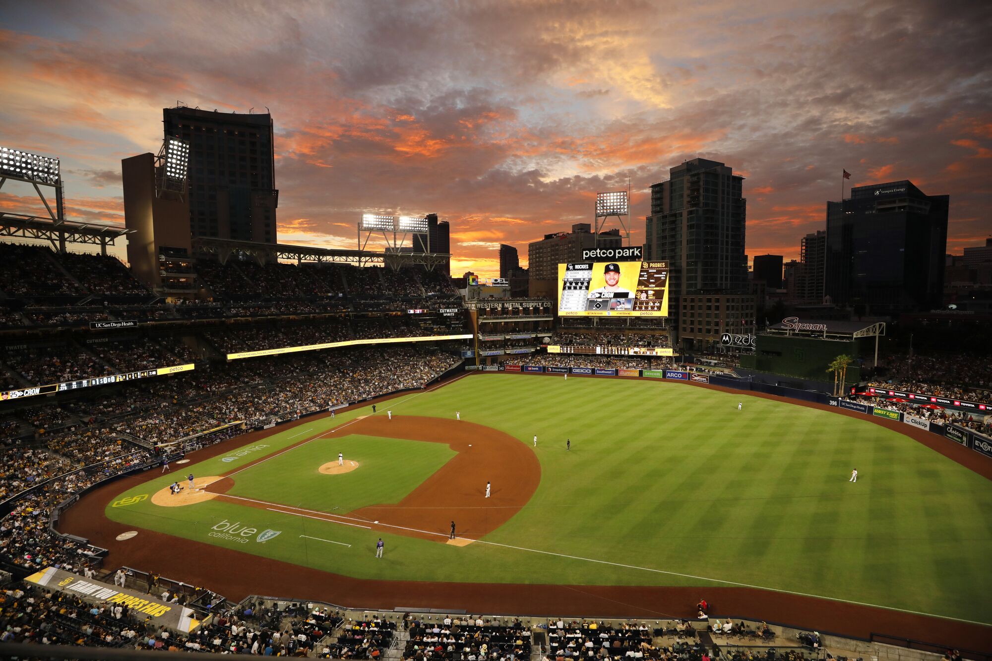The sun sets as the San Diego Padres played the Colorado Rockies to one of the largest crowds ever