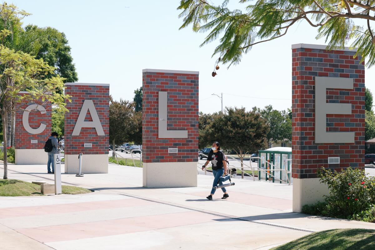 Students walk around campus at East Los Angeles College in Los Angeles.