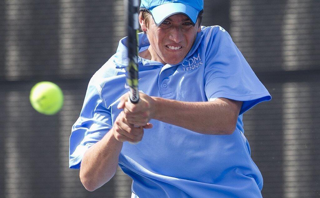 Corona del Mar High's Pedro Fernandez del Valle returns a backhand against Sage Hill.