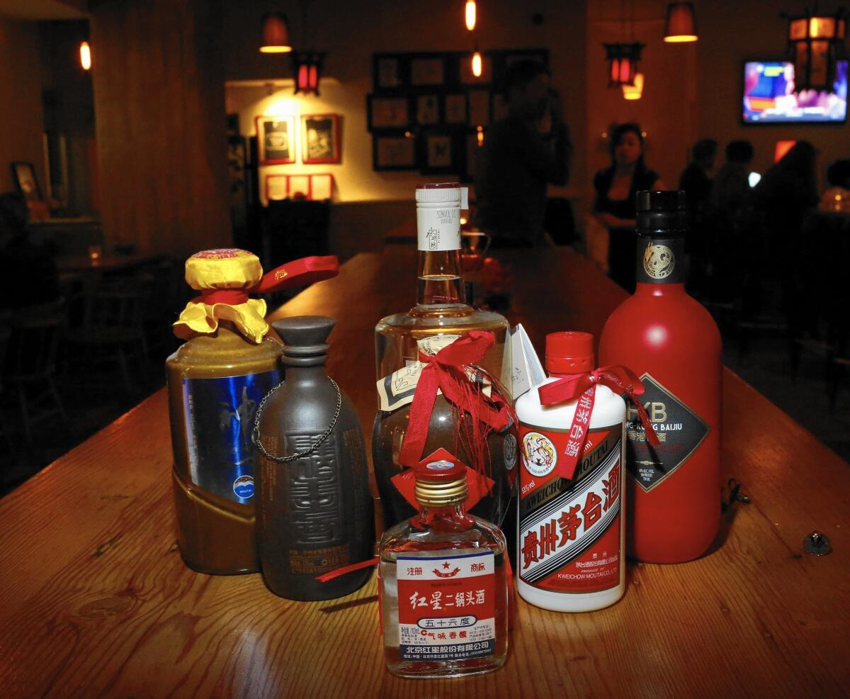 Bottles of baijiu are set out at Peking Tavern in downtown L.A., which keeps a diverse selection on hand.