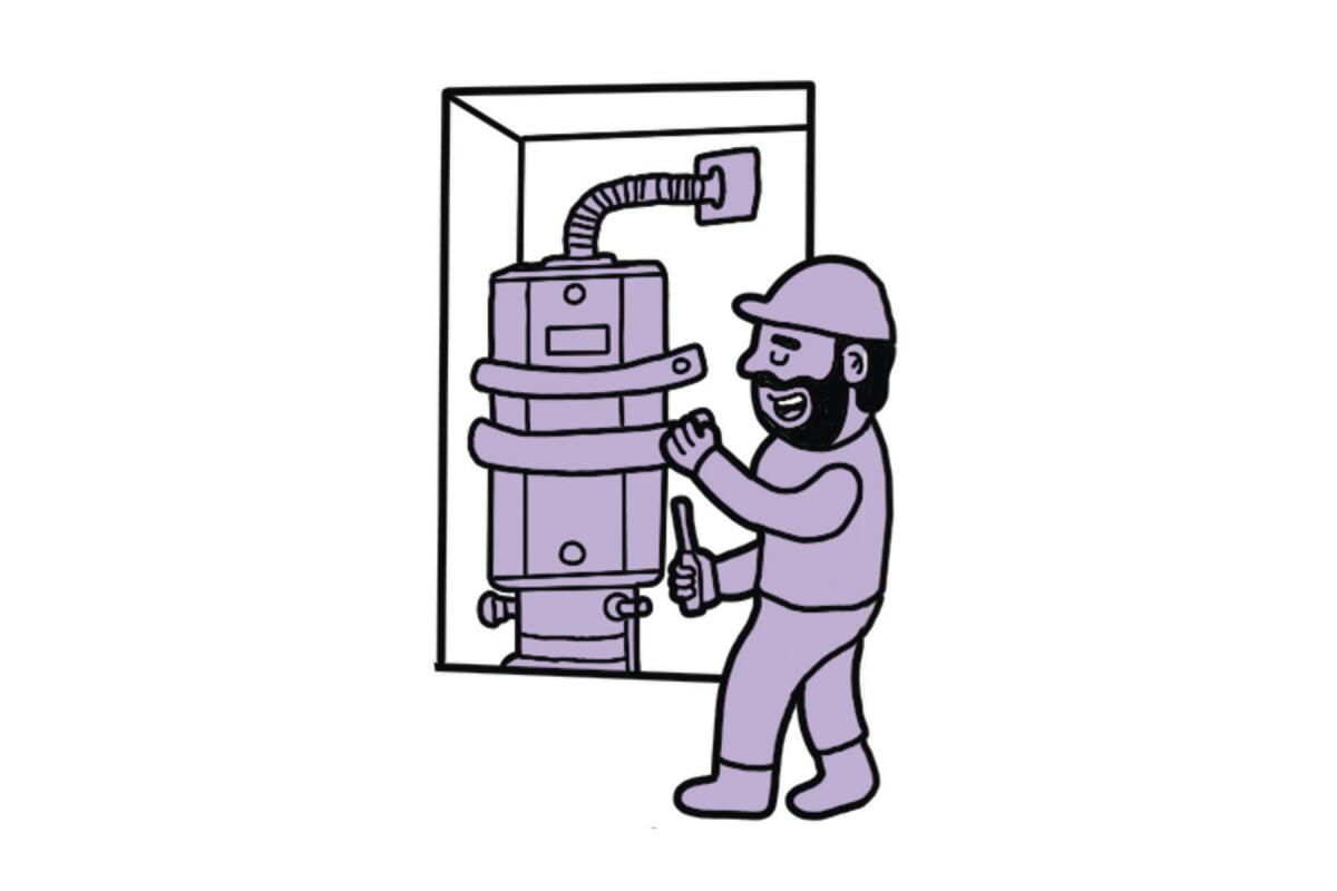 Illustration of a man strapping a water heater to the wall