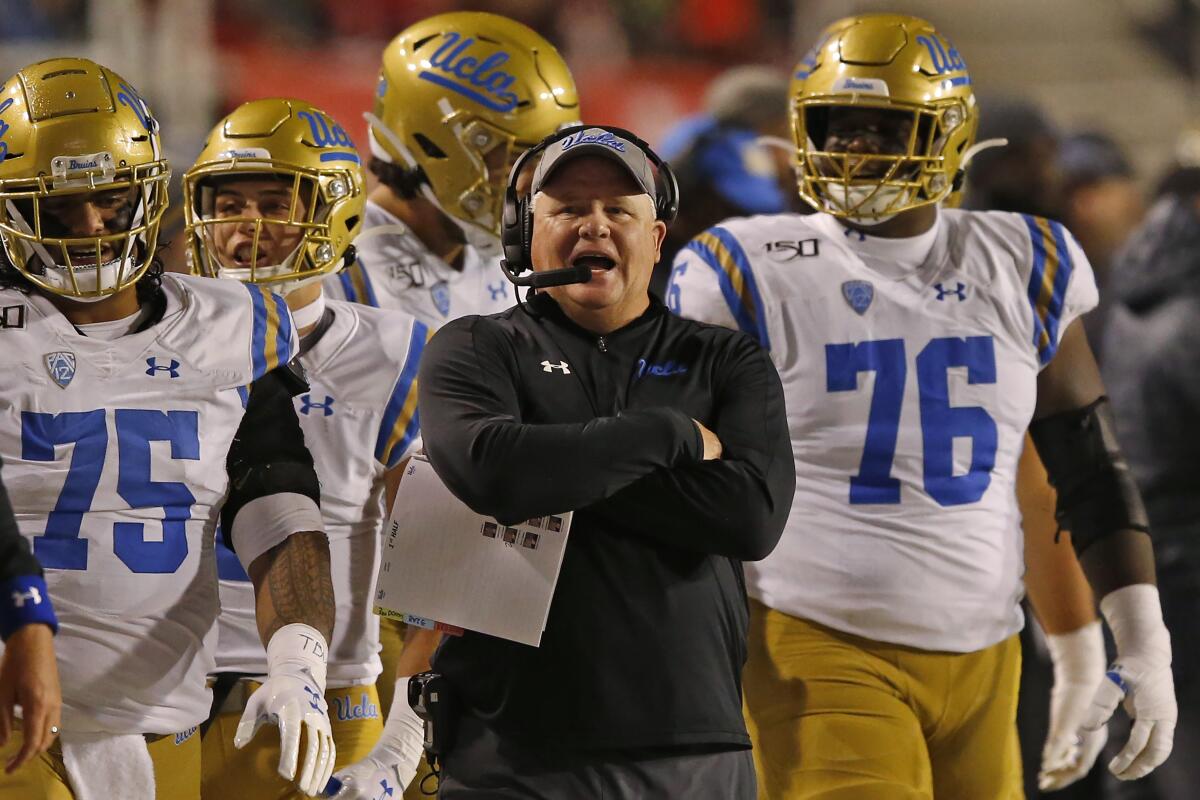 UCLA coach Chip Kelly looks on in the second half during an NCAA college football game against Utah Saturday, Nov. 16, 2019, in Salt Lake City.