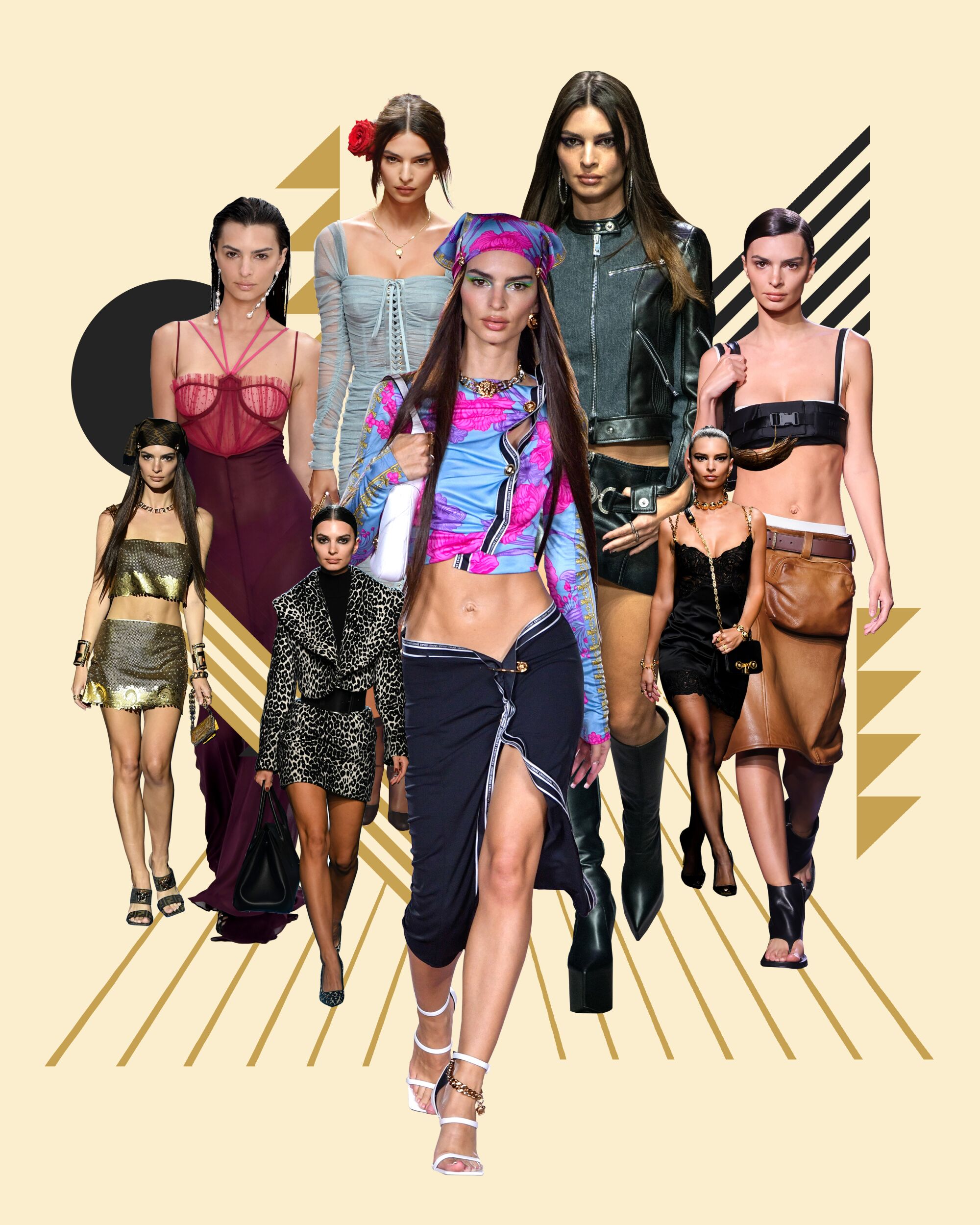 Photo-collage of a woman in multiple fashion show looks