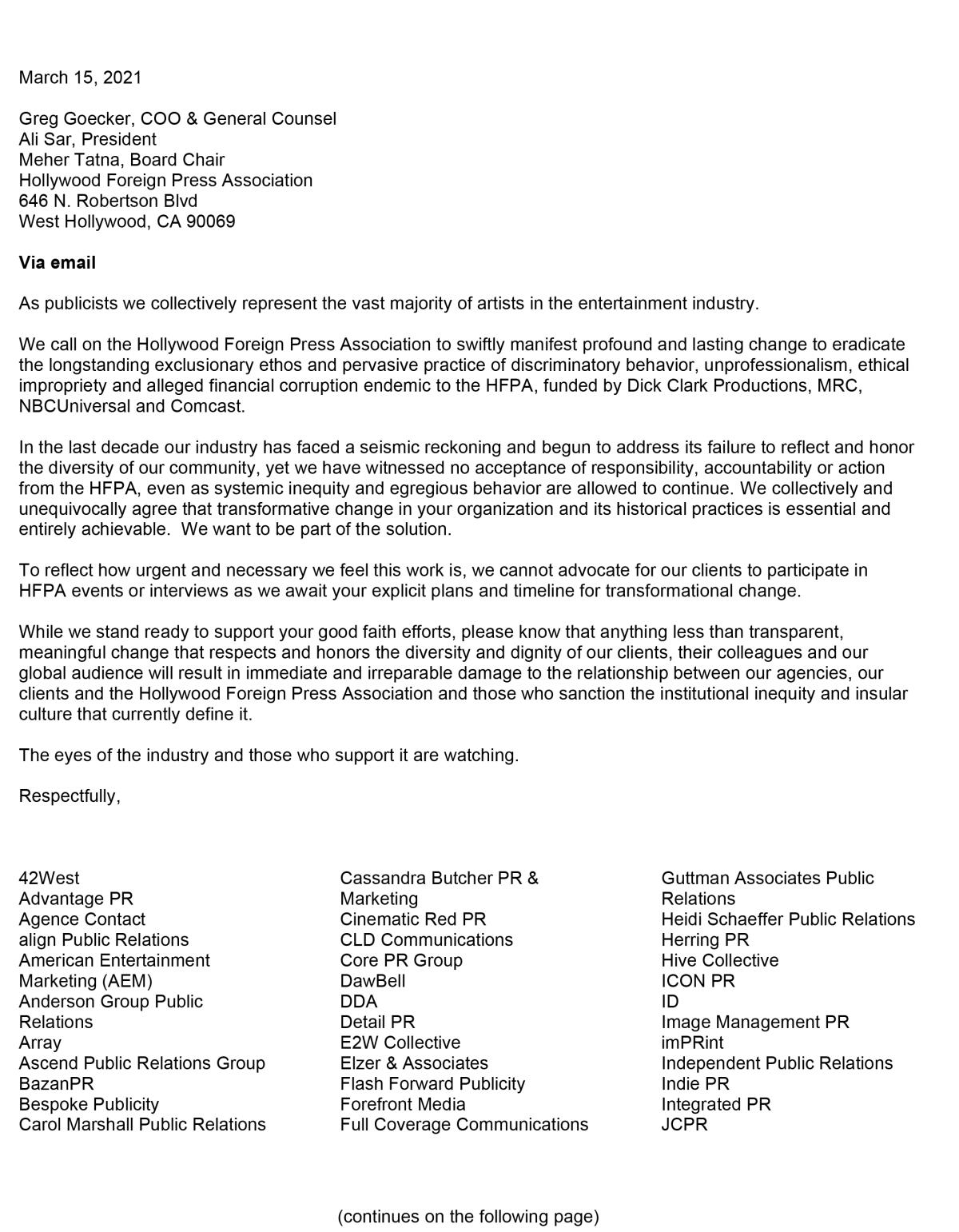 Letter to the HFPA