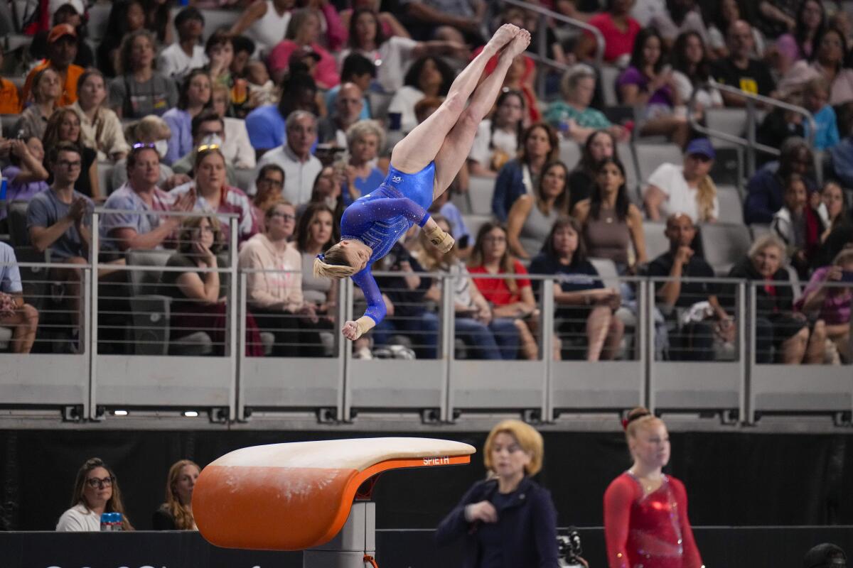 Jade Carey competes on the vault during the U.S. gymnastics championships on June 2.