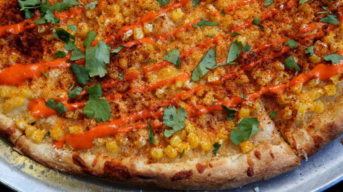 The elote pizza, as served at Rose City Pizza in Rosemead.