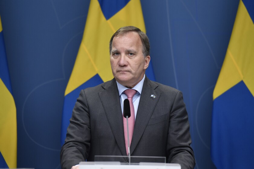 Sweden's Social Democratic Prime Minister Stefan Lofven holds a press conference at Rosenbad in Stockholm, Monday June 28, 2021. Lofven announced Monday he has asked the country’s parliament speaker to find a new government, after Lofven lost a confidence vote in parliament days ago. (Stina Stjernkvist / TT via AP)
