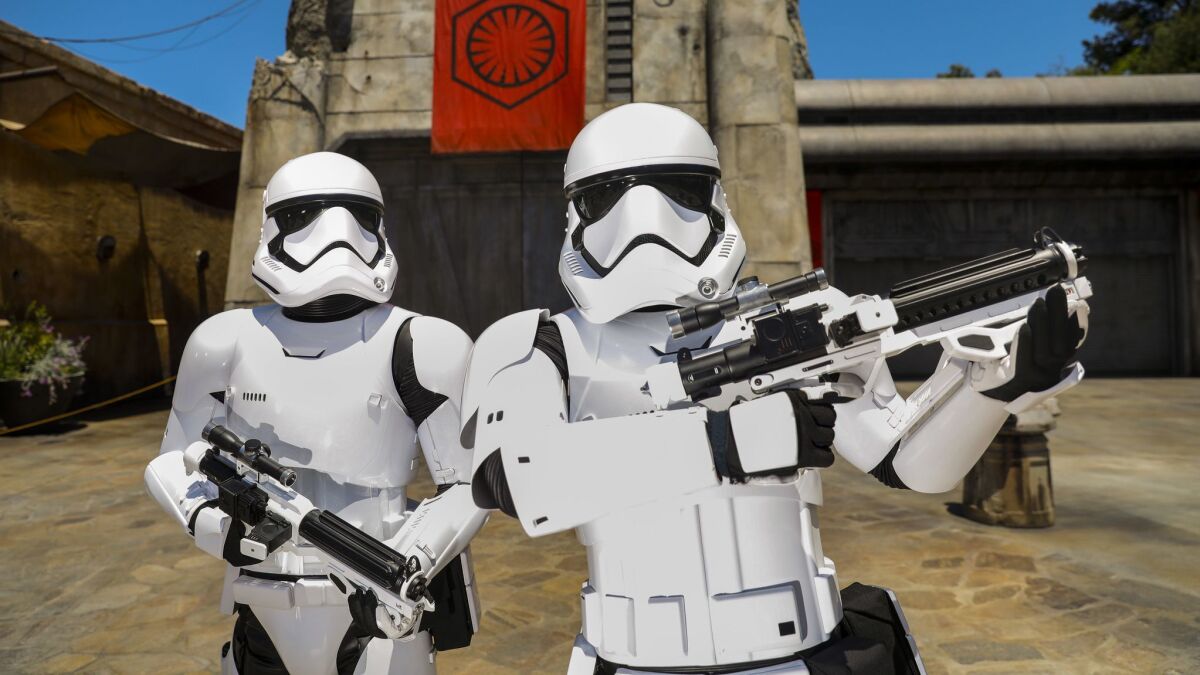 Stormtroopers in the First Order Cargo area, inside the new Star Wars: Galaxy's Edge at Disneyland