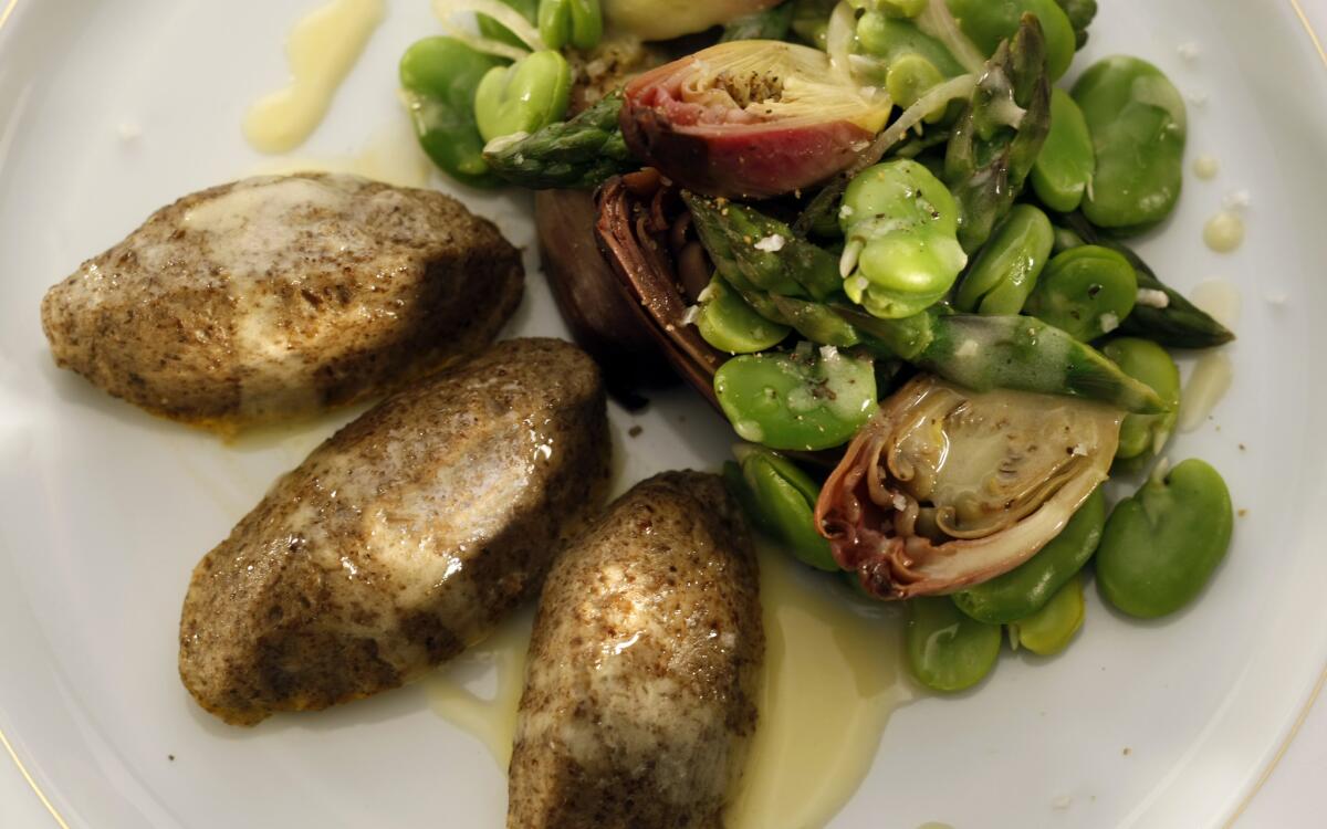 Mushroom quenelles with spring vegetables