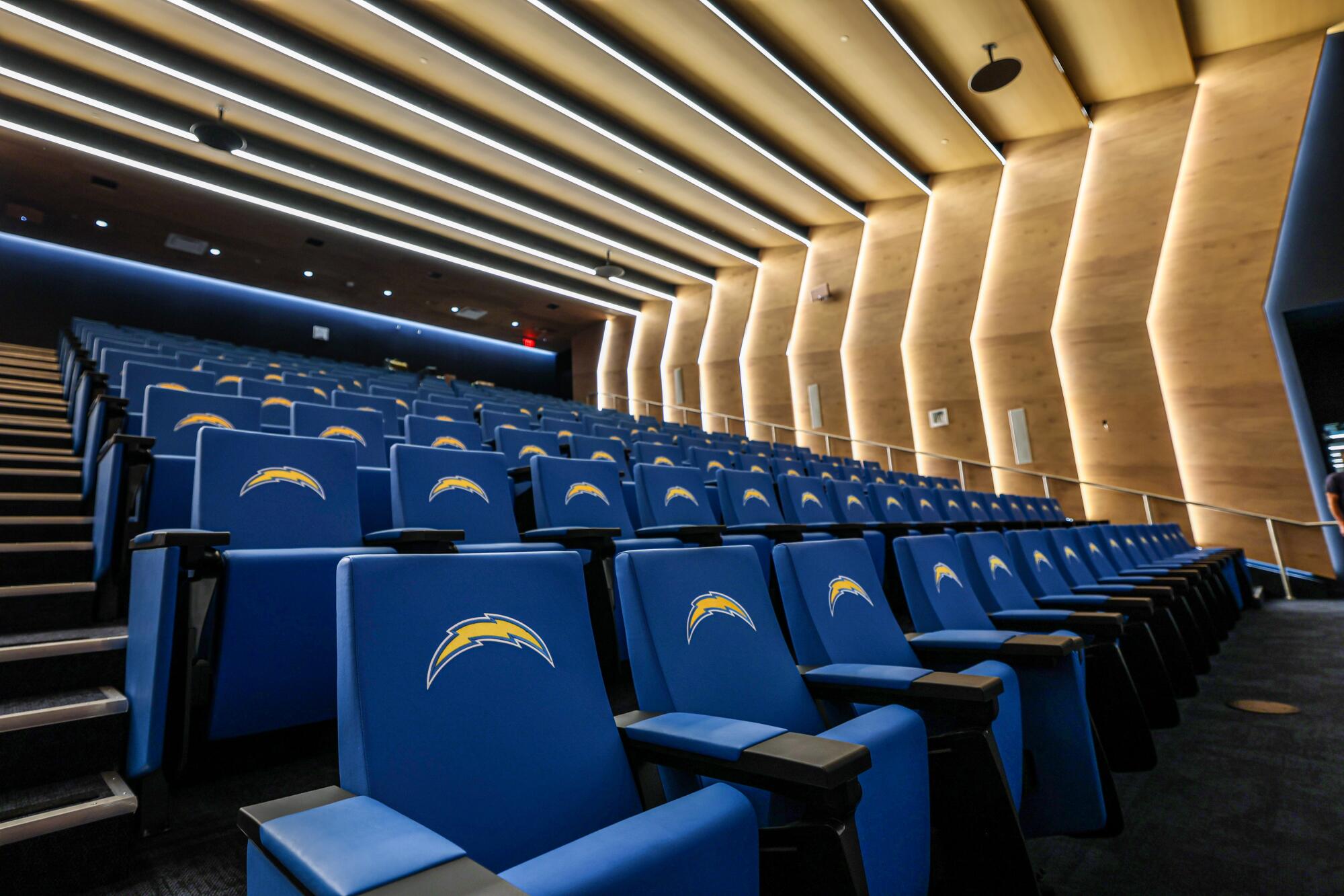 Dramatic angles of walls and lighting are featured in the team meeting hall at new home of the Chargers. 