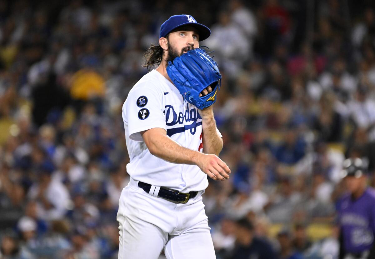 Dodgers pitcher Tony Gonsolin exits in the second inning during a 2-1 loss to the Colorado Rockies.