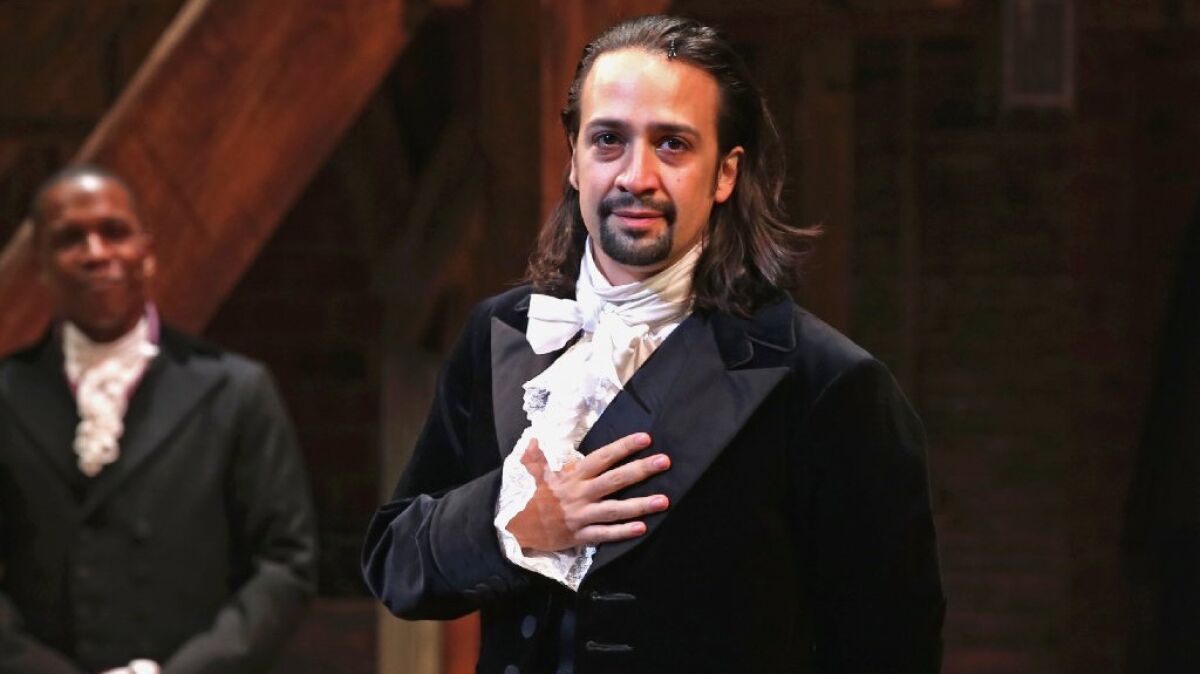 Lin-Manuel Miranda performs at opening night of "Hamilton" at the Richard Rodgers Theatre on Aug. 6, 2015, in New York City.
