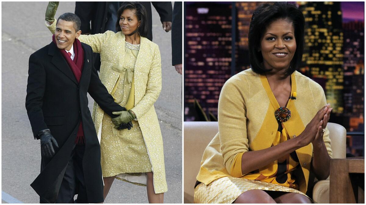 At left, the first lady wears a yellow Isabel Toledo dress while walking with the president on Inauguration Day 2009. At right, she appears on "The Tonight Show With Jay Leno" on Oct. 27, 2008, in a J. Crew ensemble that sells out online the following day.