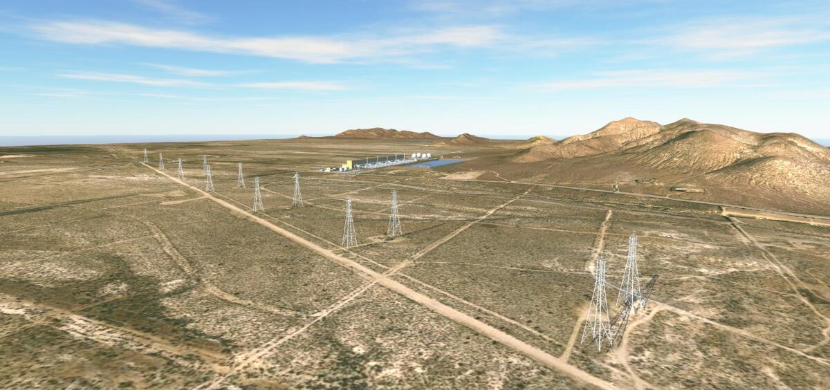 A rendering of Hydrostor's planned Willow Rock compressed air storage project in Kern County, seen from a distance.