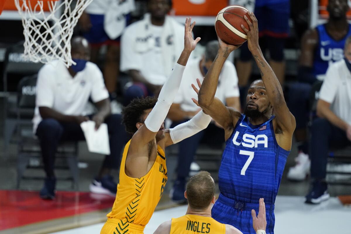 United States' Kevin Durant shoots over Australia's Matisse Thybulle.