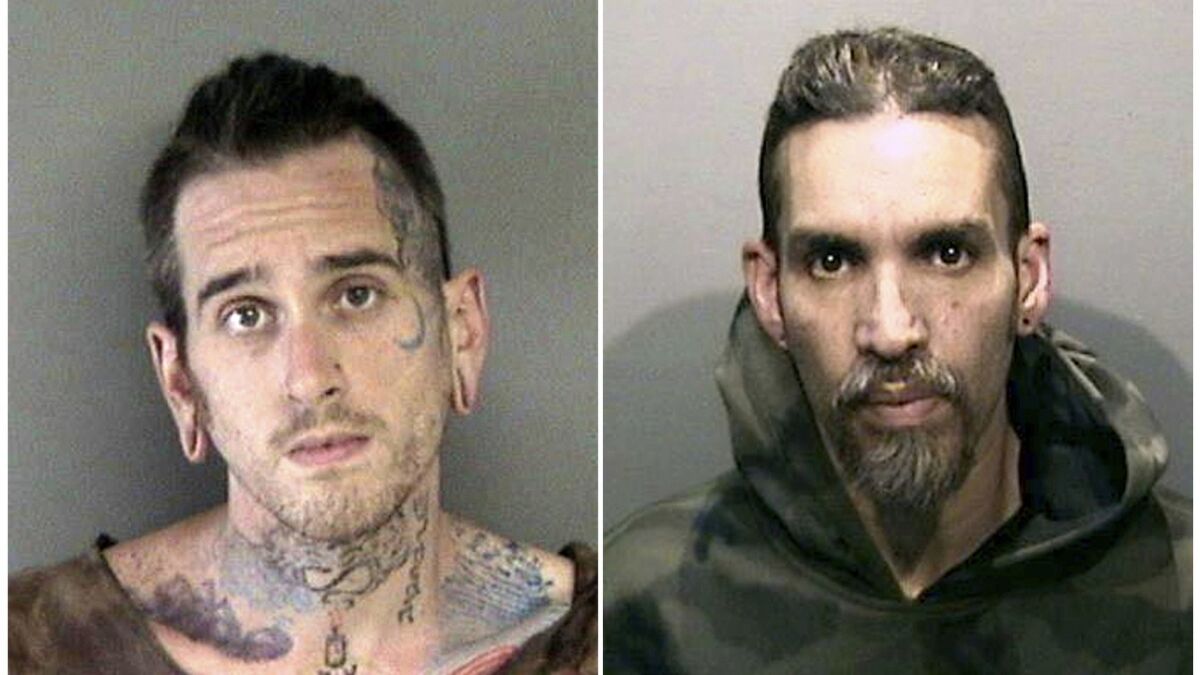 Max Harris, left, and Derick Almena at Santa Rita Jail in Alameda County, California.