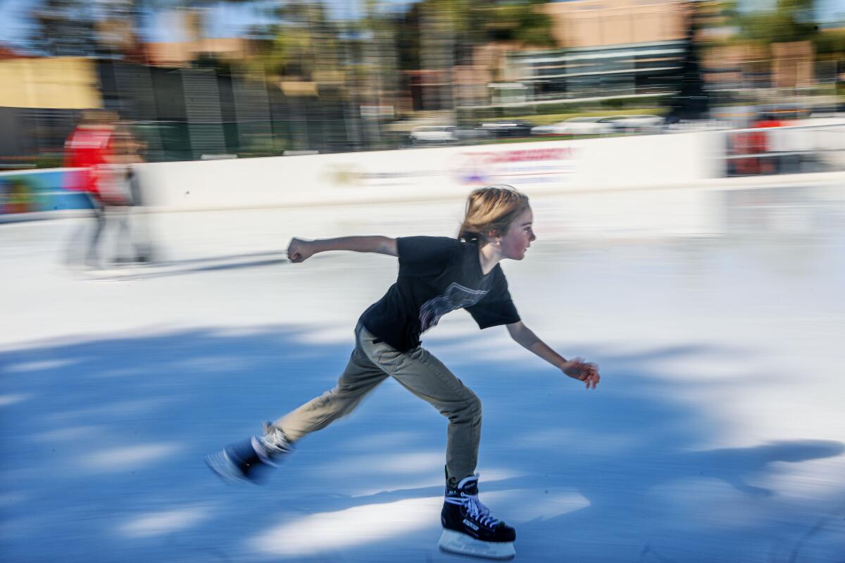 Liam Kobetsky, 9, skates at the Rady Children's Hospital ice rink at Liberty Station on Sunday