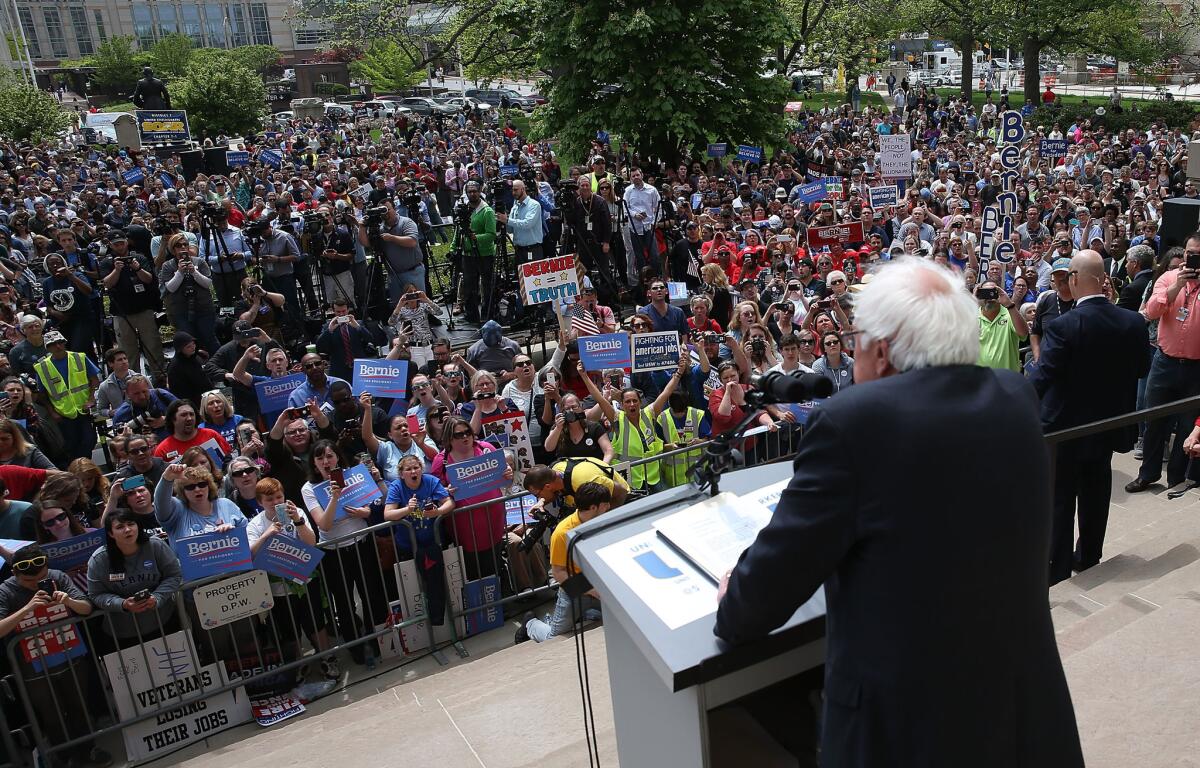 Democratic presidential candidate Bernie Sanders speaks during a rally at the Indiana state Capitol on Friday in Indianapolis.
