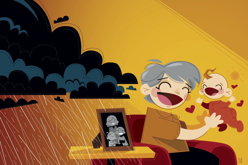 Illustration of a woman playing with a grandchild with dark rainclouds to her left