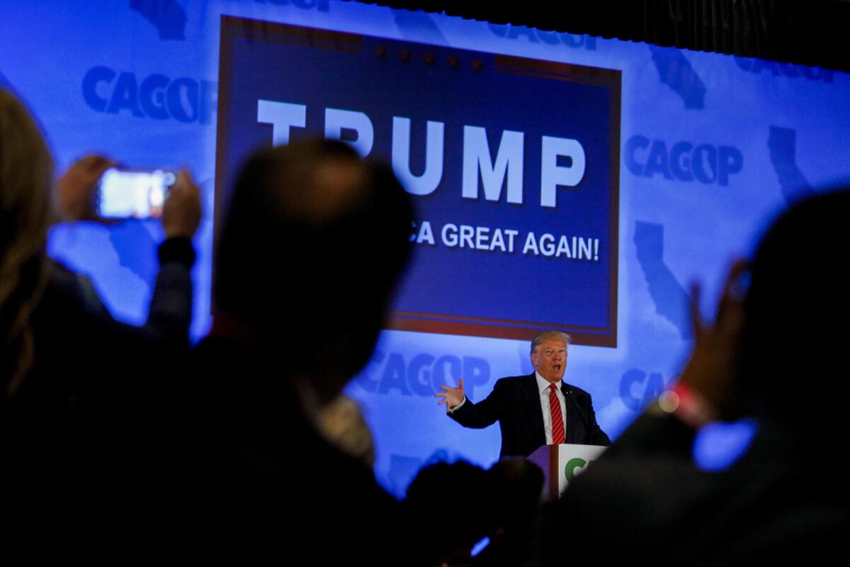 Presidential candidate Donald Trump speaks at the California Republican Convention on April 29, 2016