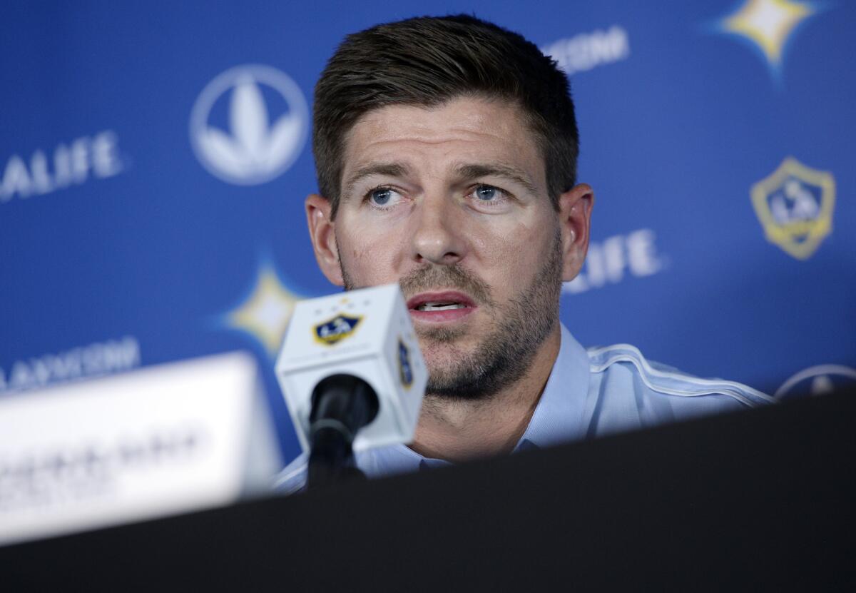 CARSON, CA - JULY 7: New Los Angeles Galaxy midfielder Steven Gerrard #8 speaks during a news conference on July 7, 2015 at StubHub Center in Carson, California. The former Liverpool captain Steven Gerrard is scheduled to play his first MLS match on Friday, July 17 at StubHub Center against San Jose Earthquakes. (Photo by Kevork Djansezian/Getty Images) ** OUTS - ELSENT, FPG - OUTS * NM, PH, VA if sourced by CT, LA or MoD **