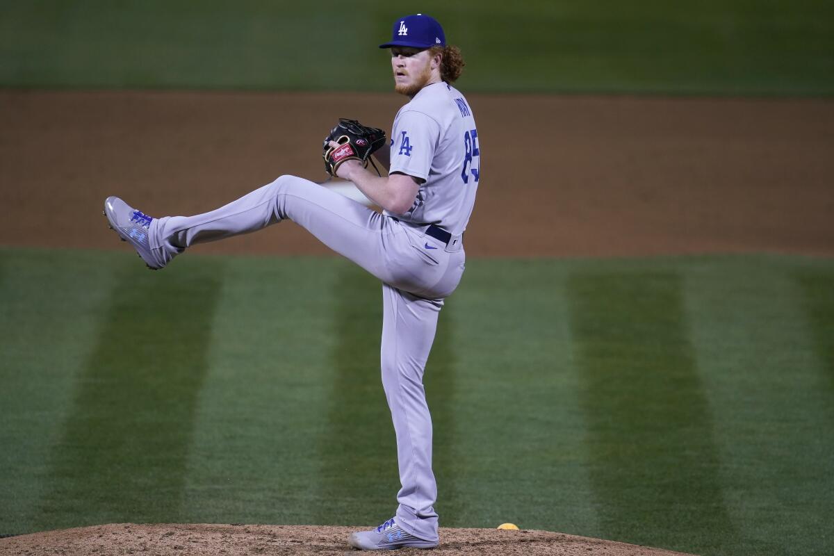 Dodgers pitcher Dustin May pitches against the Oakland Athletics on April 5.