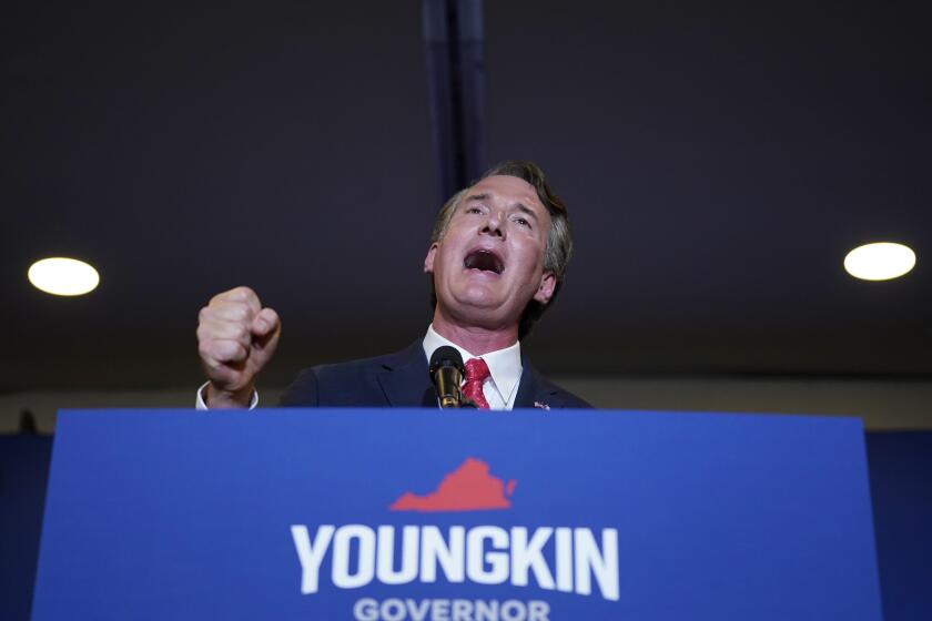 Virginia Gov.-elect Glenn Youngkin speaks at an election night party in Chantilly, Va., early Wednesday, Nov. 3, 2021, after he defeated Democrat Terry McAuliffe. (AP Photo/Andrew Harnik)