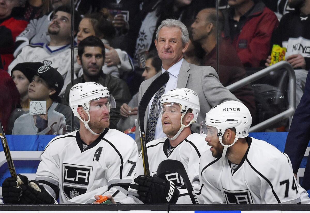 Kings Coach Darryl Sutter reacts after Ducks defenseman Hampus Lindholm scored in the second period.