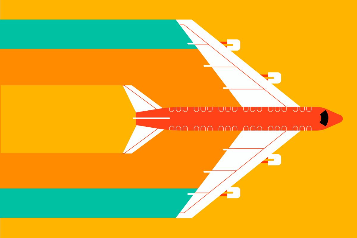 Illustration of a passenger jet viewed from above and trailing colors in its path.