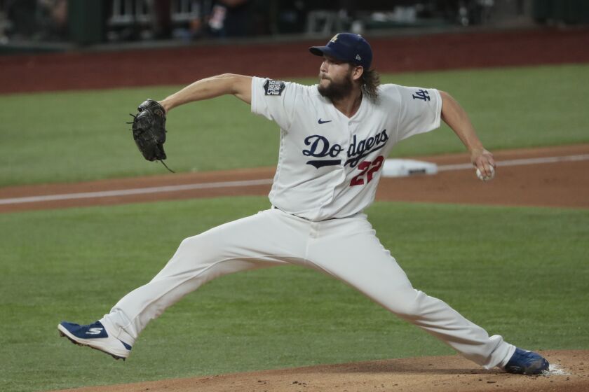 Arlington, Texas, Tuesday, October 20, 2020 Los Angeles Dodgers starting pitcher Clayton Kershaw.