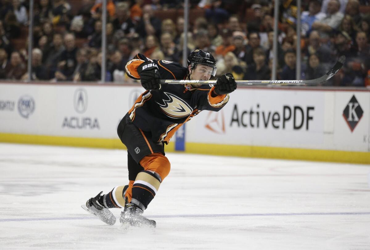 Cam Fowler takes a shot against the Pittsburgh Penguins on March 6.
