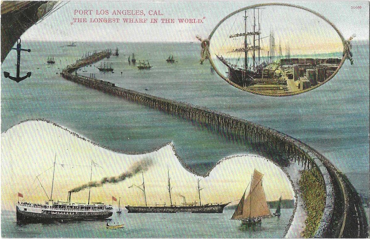 Ships anchor off the Long Wharf.