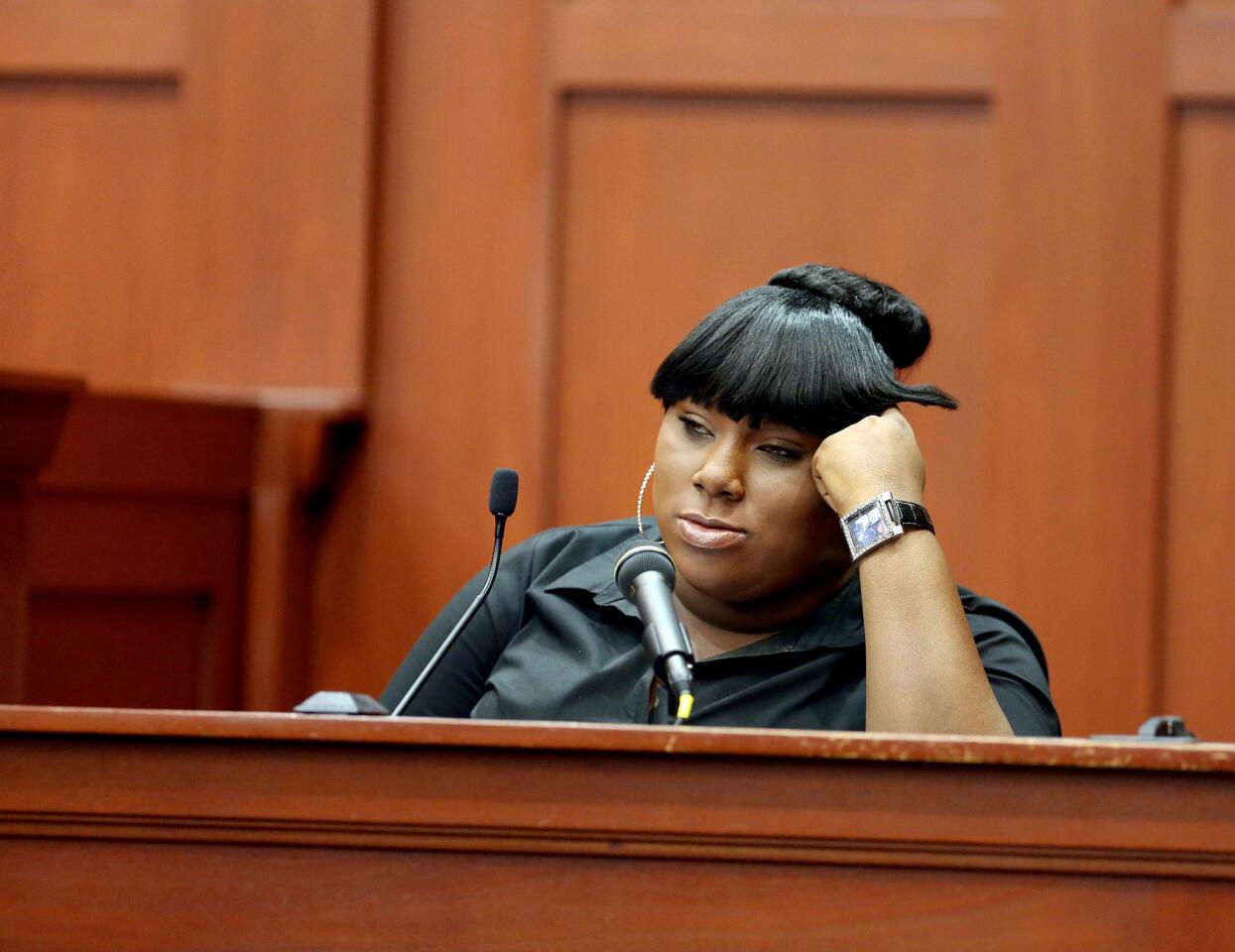 Witness Rachel Jeantel gives her testimony to the defense during George Zimmerman's trial in Seminole circuit court in Sanford, Fla. Wednesday, June 26, 2013. Zimmerman has been charged with second-degree murder for the 2012 shooting death of Trayvon Martin. (Jacob Langston/Orlando Sentinel)