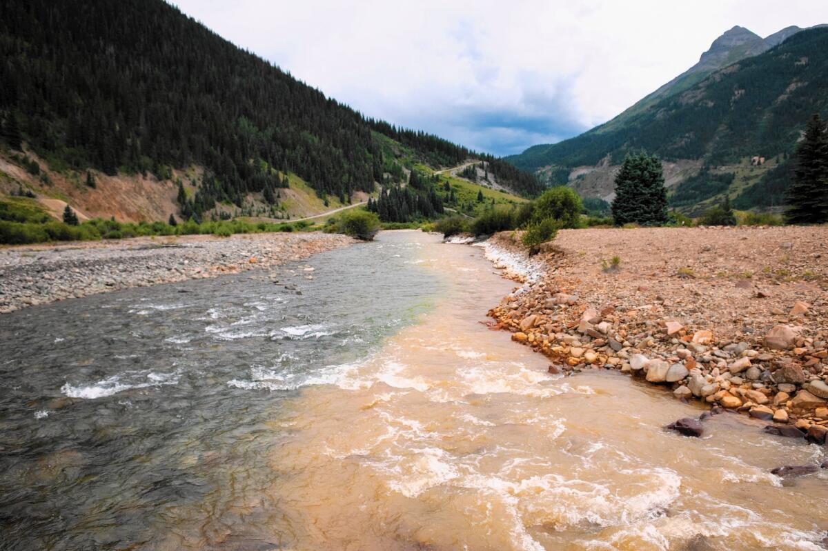 Cement Creek, which was flooded with millions of gallons of mining wastewater, meets with the Animas River in Silverton, Colo.