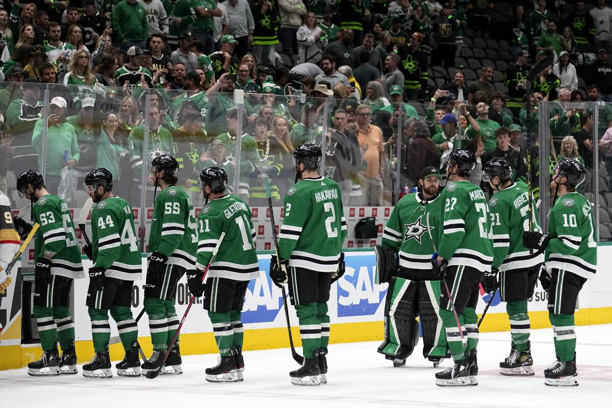The Dallas Stars skate off the ice after a loss to the Vegas Golden Knights in Game 6 of the NHL hockey Stanley Cup Western Conference finals, Monday, May 29, 2023, in Dallas. (AP Photo/Tony Gutierrez)