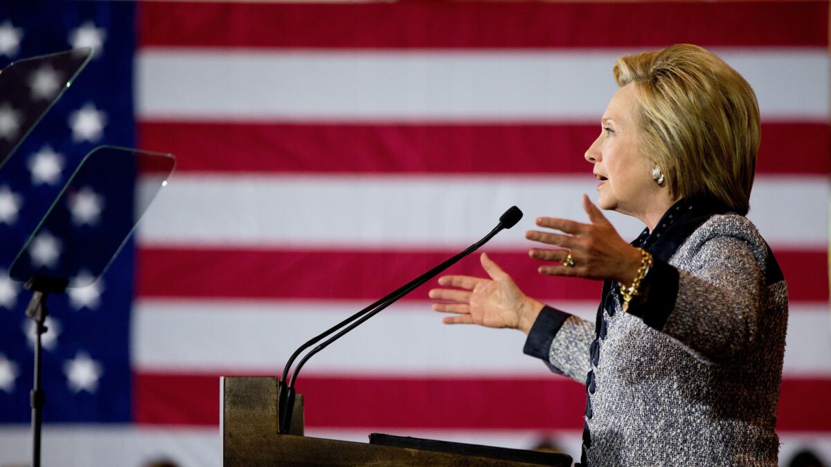 Democratic presidential candidate Hillary Clinton speaks at a rally at the International Brotherhood of Electrical Workers Circuit Center in Pittsburgh on June 14.