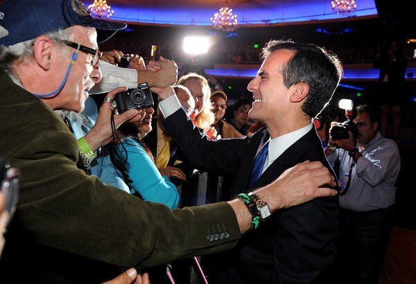 L.A. mayoral candidate Eric Garcetti greets supporters at the Hollywood Palladium on Tuesday night.