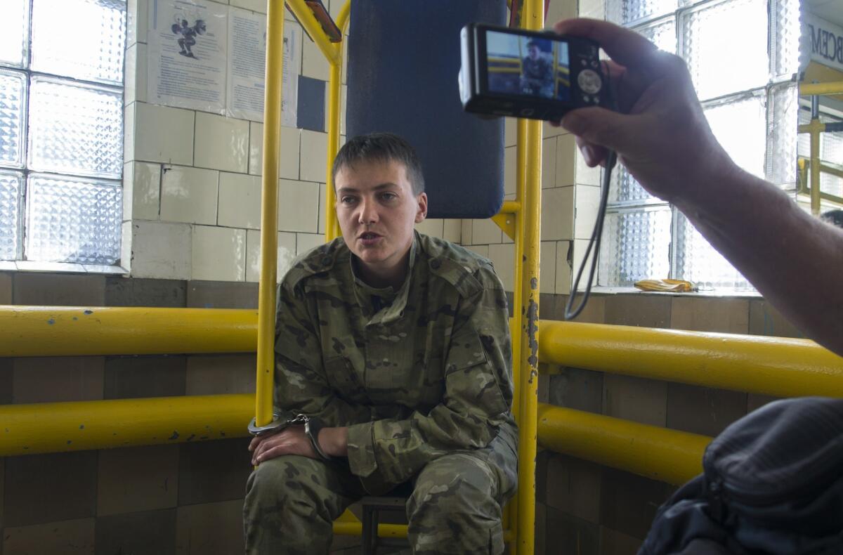 Ukrainian military pilot Nadezhda Savchenko is shown in the custody of pro-Russia militants on June 19.