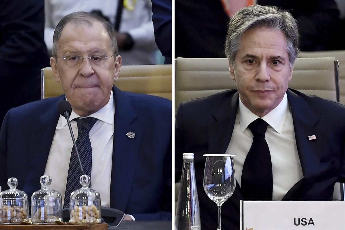 Side-by-side portraits of Sergei Lavrov and Antony J. Blinken at a table.