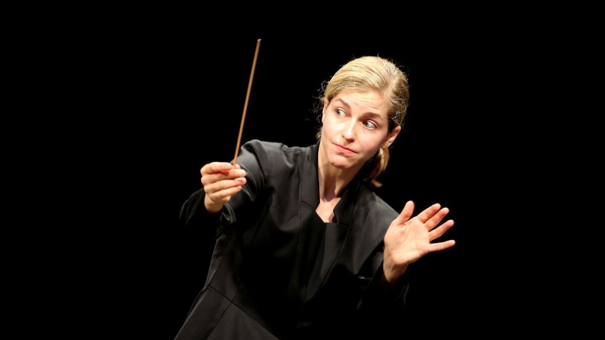Karina Canellakis conducting the Los Angeles Philharmonic at the Hollywood Bowl last summer.