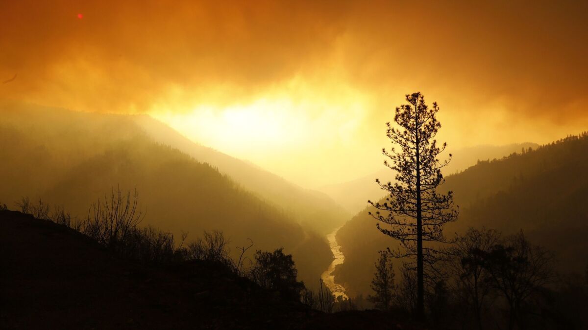 Smoke fills the sky in Butte County as the Camp fire burns along the north fork of the Feather River on Sunday.