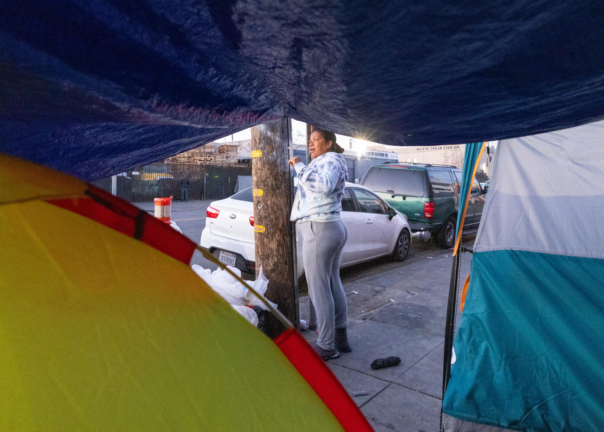 A woman is seen between a tarp and tents.