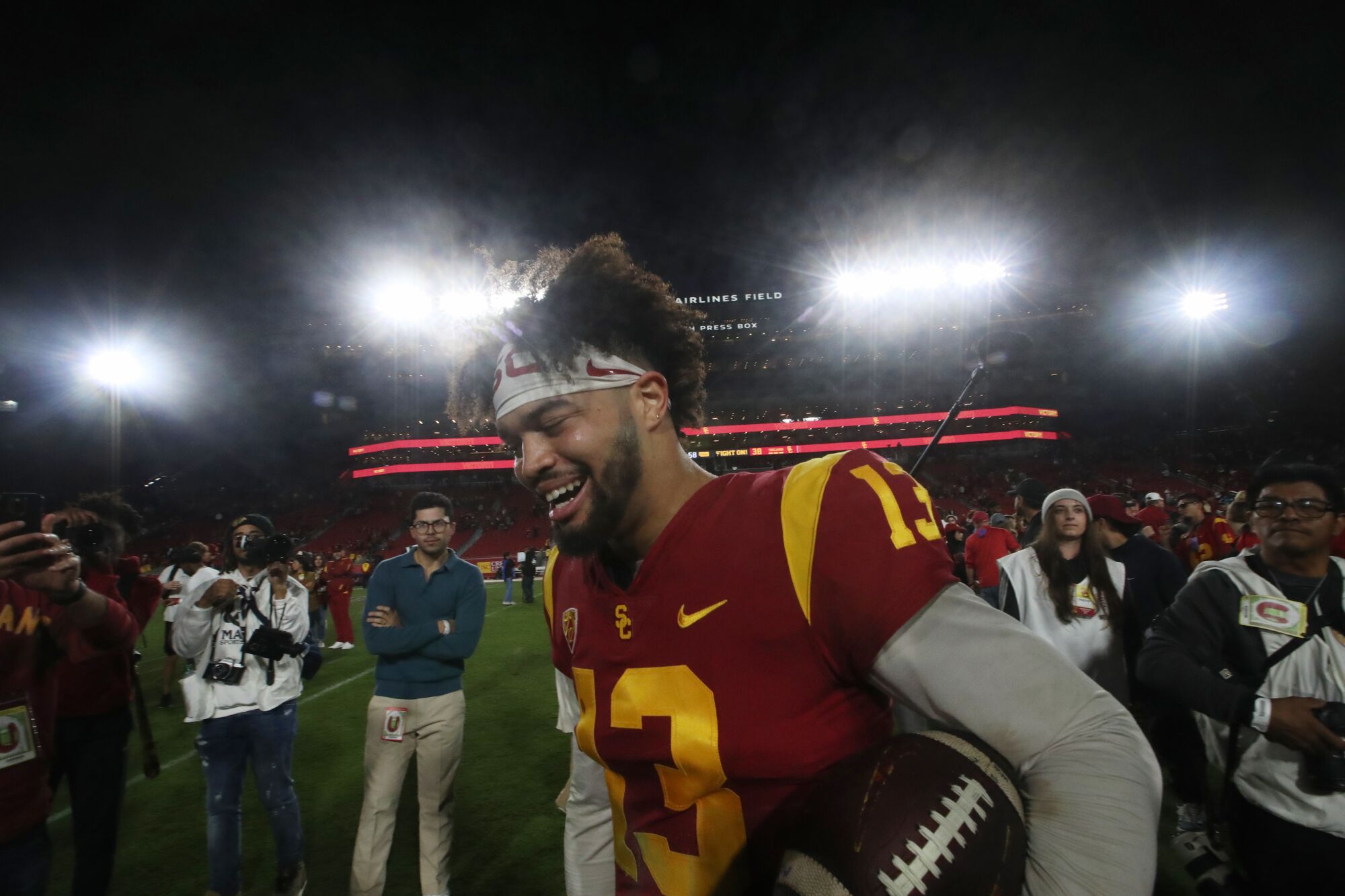 USC quarterback Caleb Williams walks off the field after a 38-27 win over Notre Dame.