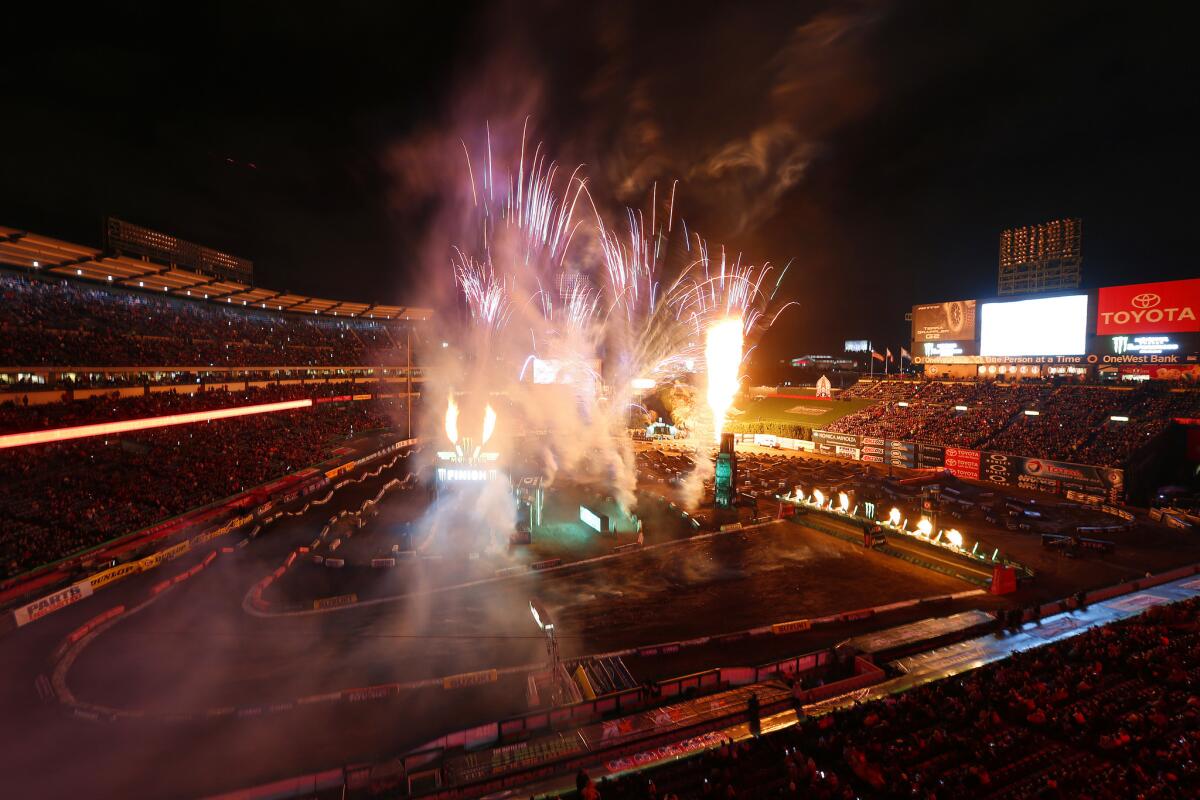 A variety of pyrotechnics open an evening of Monster Energy AMA Supercross racing at Angel Stadium on Jan. 23, 2016.