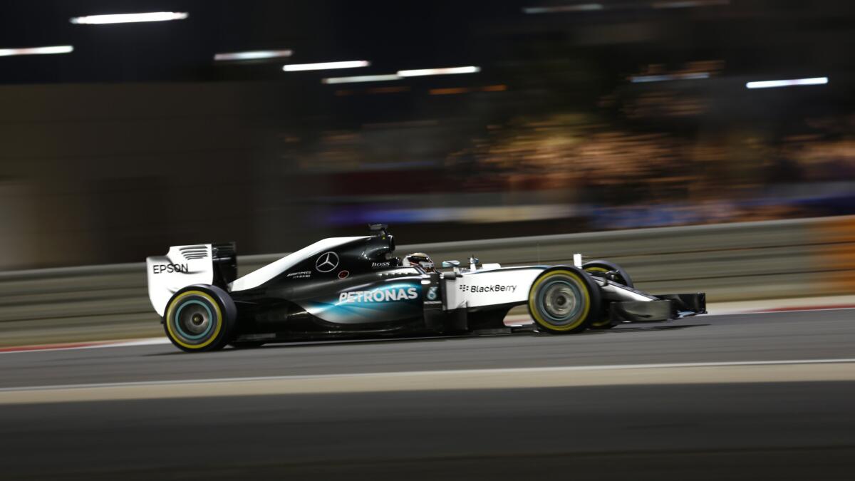 Mercedes driver Lewis Hamilton races at the front of the field during the Bahrain Grand Prix on Sunday.