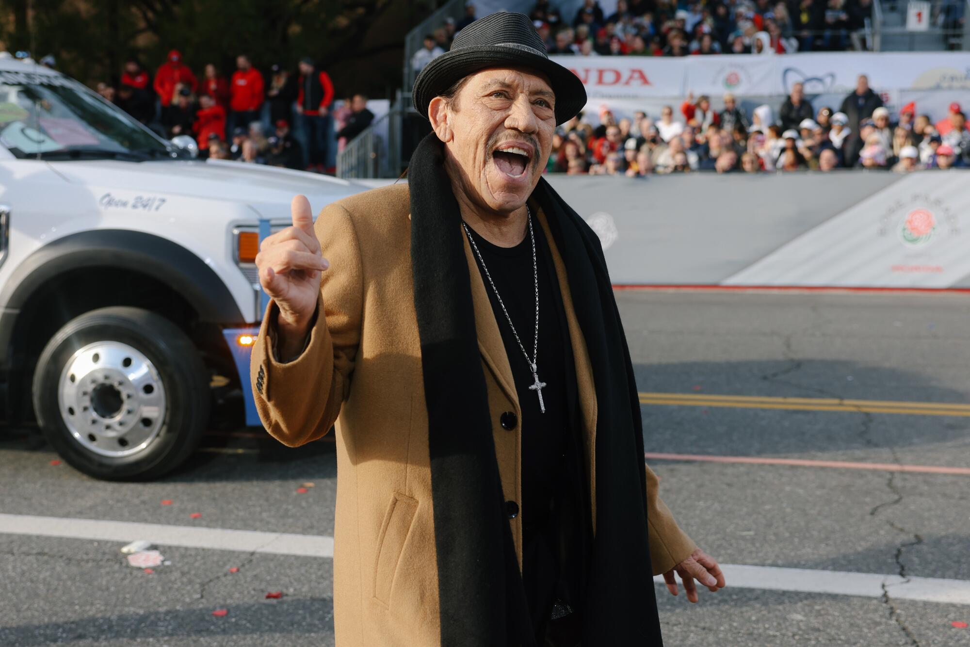 Danny Trejo walks the parade route at the Rose Parade.